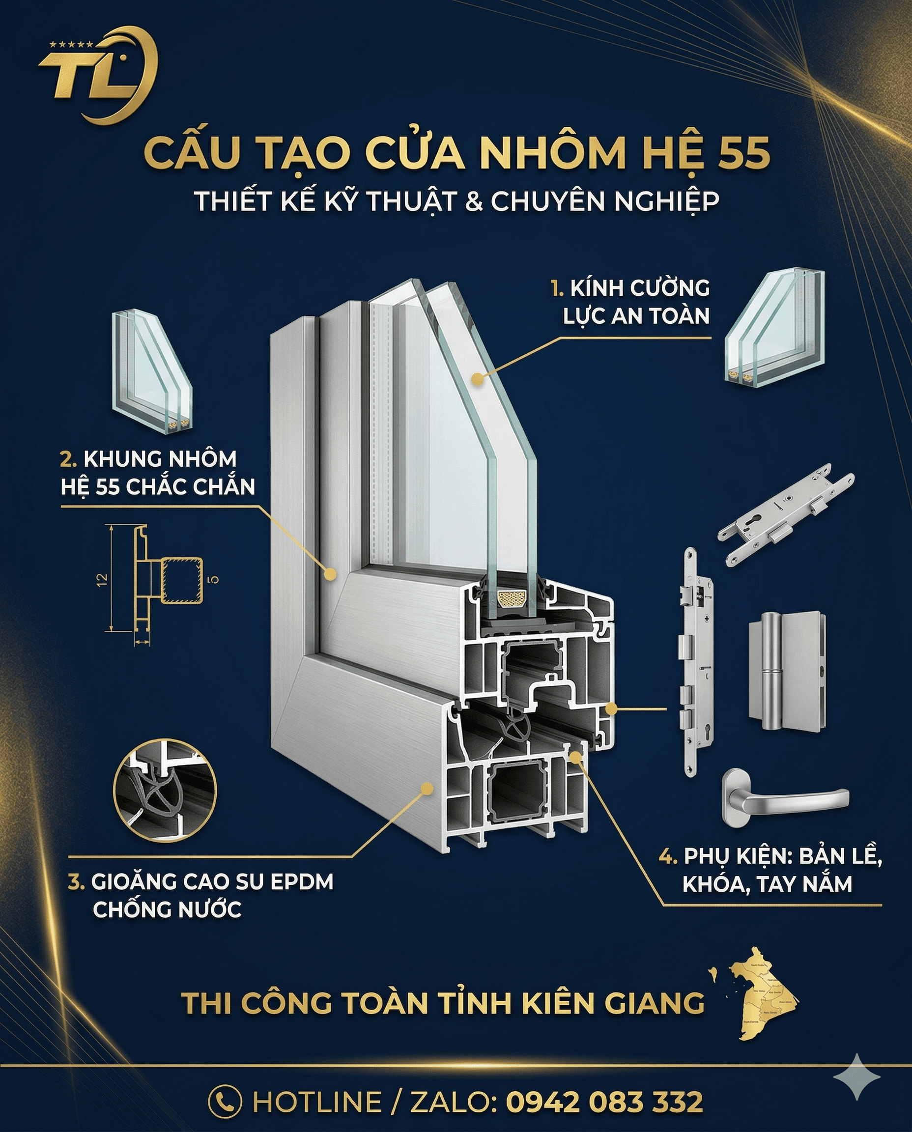 Cấu tạo cửa nhôm hệ 55 kính cường lực